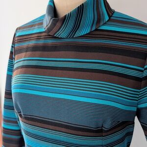 1970s Striped Vintage Dress Turquoise Brown Black Mod Turtleneck Dress: Size 10
